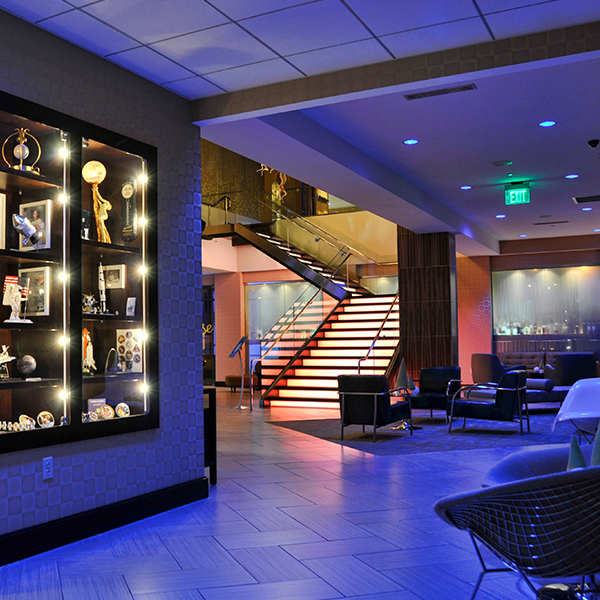 Moonrise Hotel lobby and illuminated staircase