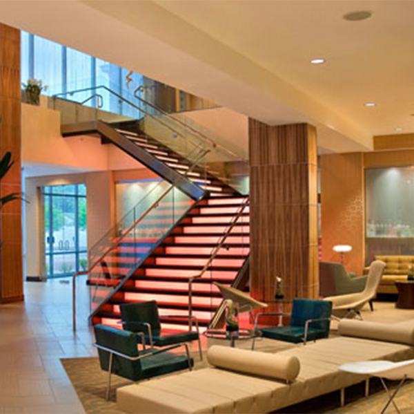LED color-changing staircase inside the Moonrise Hotel