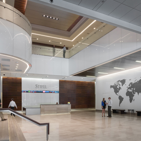 Wide view of the Stifel Financial lobby and second-floor atrium