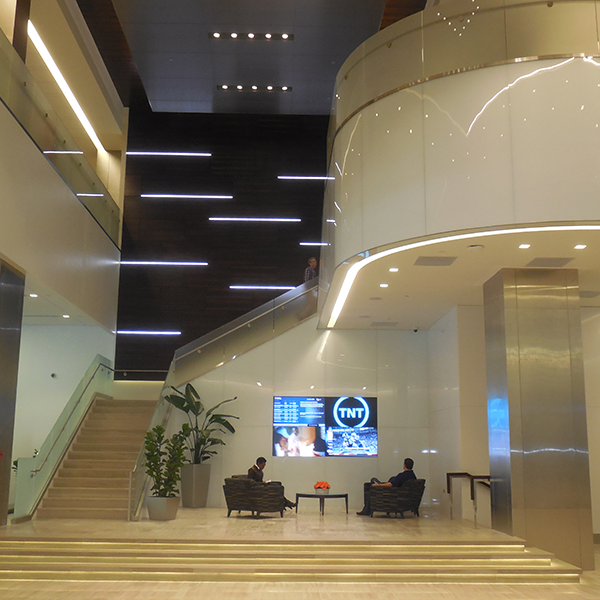 Stifel Financial lobby staircase and video wall