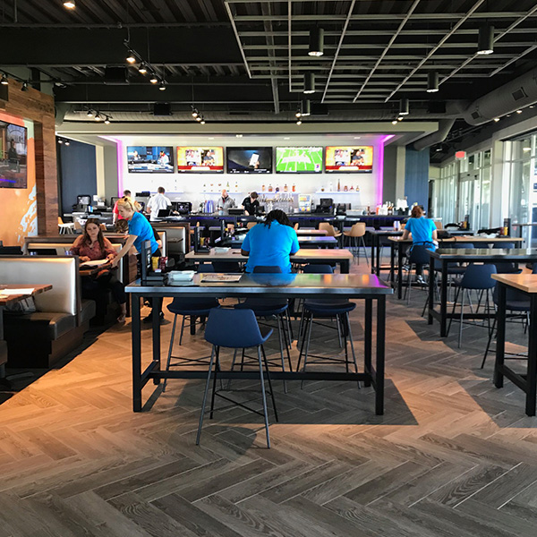 Interior dining area and lighting at Top Golf Chesterfield